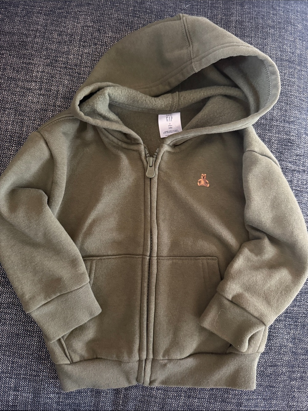 GAP Kids Olive Green Hooded Zip Jacket with Bear Patch